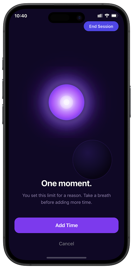 iOS Focus mode screen showing 30-minute break option